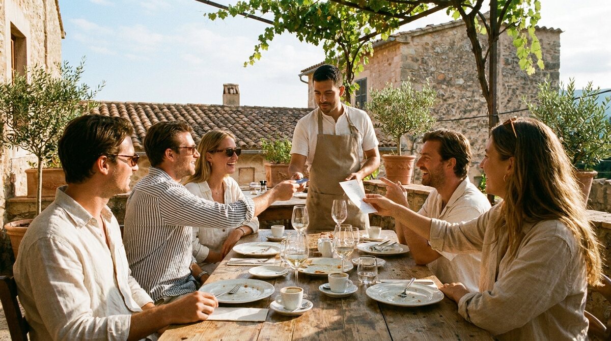Friends splitting the bill at an outdoor restaurant abroad