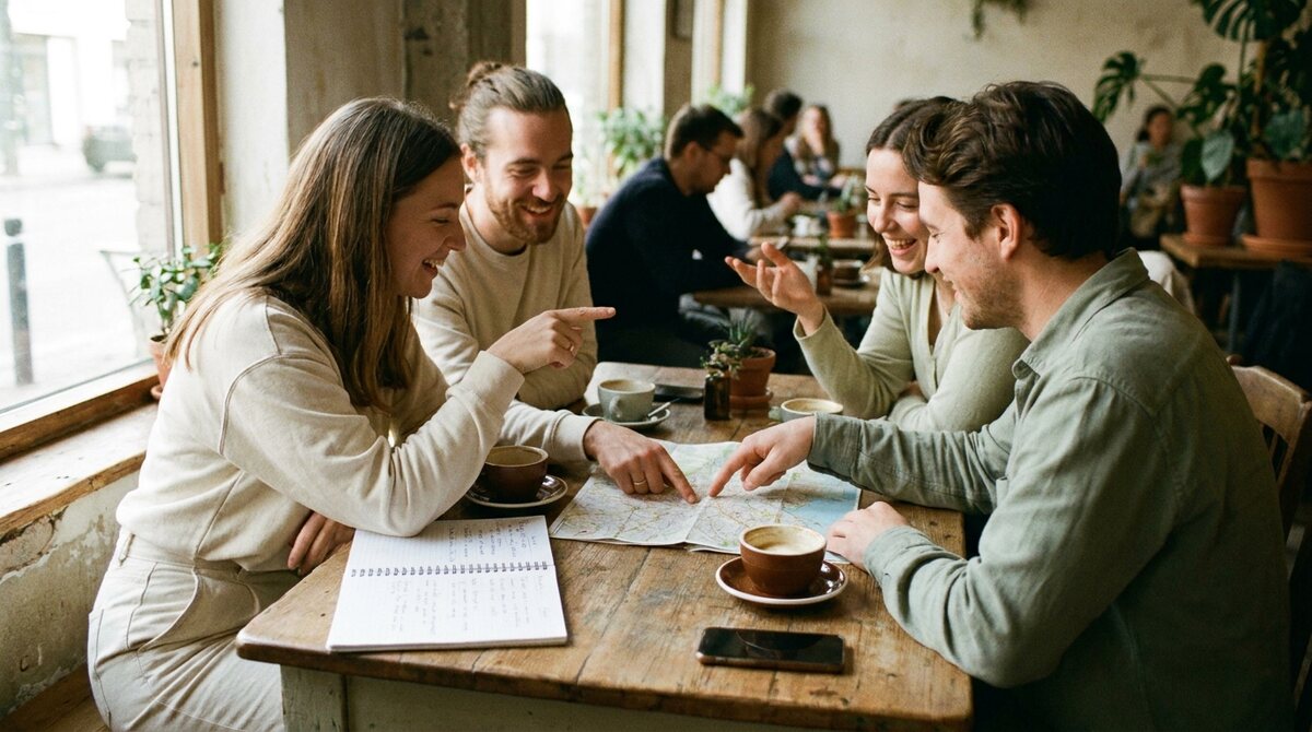 Friends planning a trip itinerary around a cafe table with a map